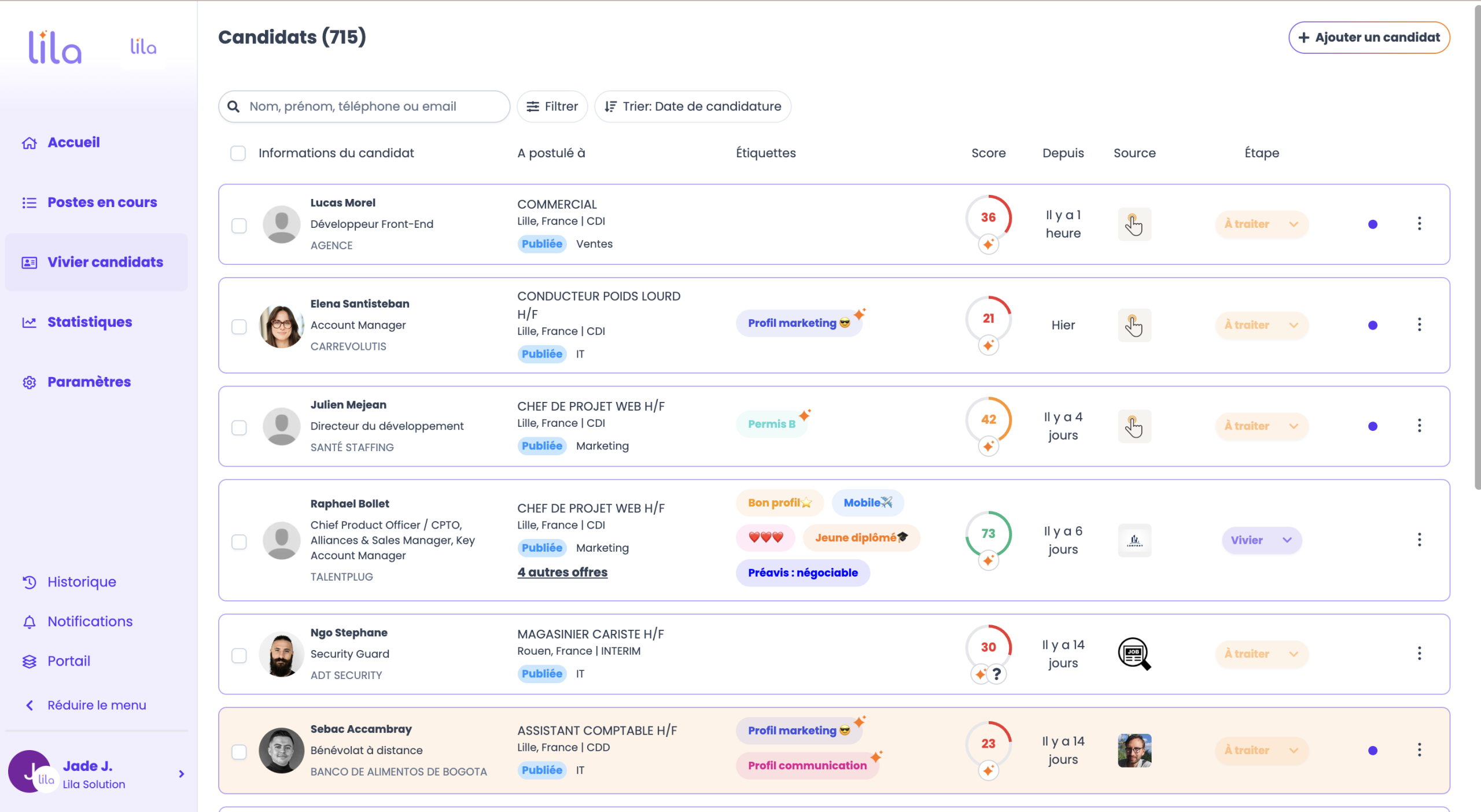 Filtres et sourcing intelligent du vivier de candidats